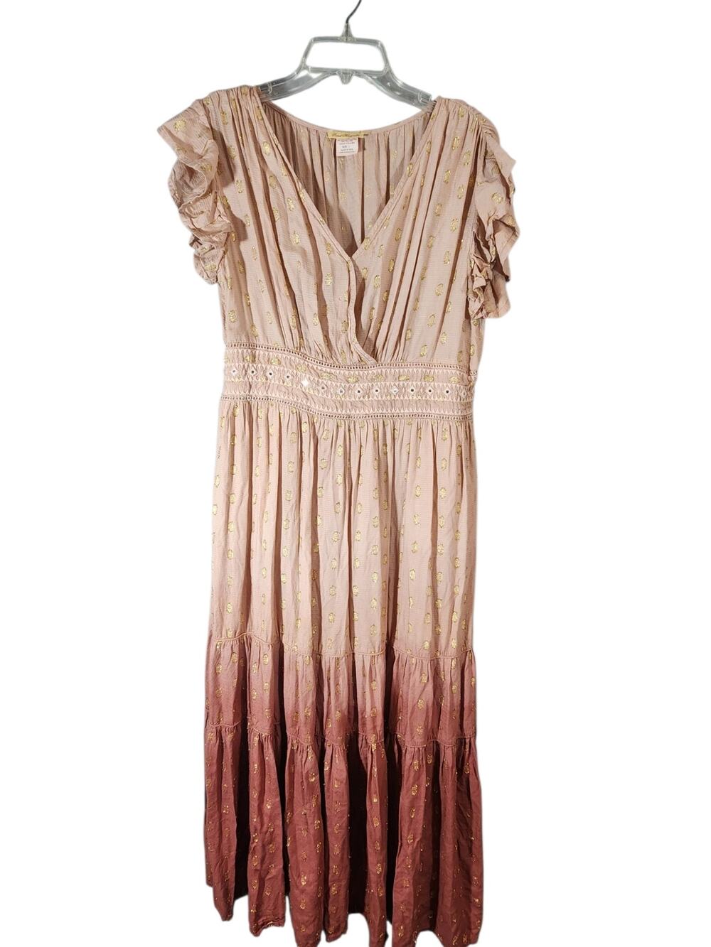 Sweet Magnolia Pink Ombre Boho Midi Dress Gold Metallic dots Size Large